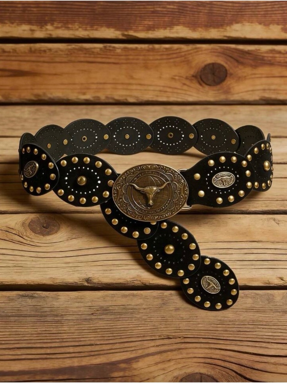 Black Studded Western Belt with Brass Longhorn Buckle